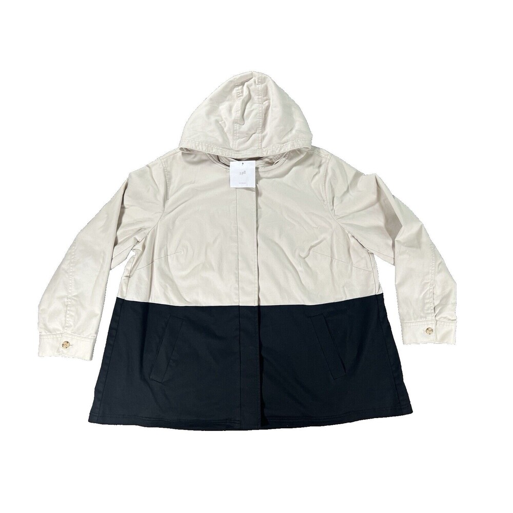 J Jill Jacket Women Cream and Black Hooded Button Front Utility Stretch 2XL NWT